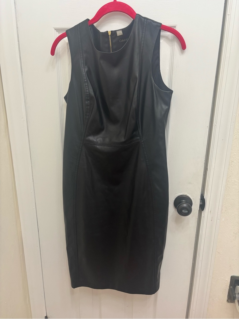 Calvin Klein Black Sleeveless Faux Leather Sheath Dress
